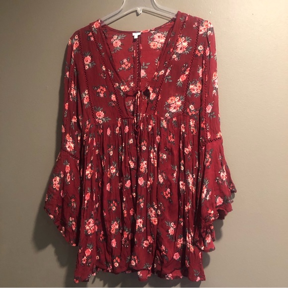 En Creme 100% Rayon Floral Flare Sleeves Mini Dress Large - Picture 1 of 7